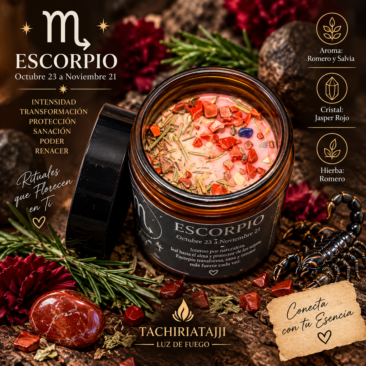 Vela zodiacal Escorpio abierta de 3.10 oz en frasco ámbar con etiqueta artesan