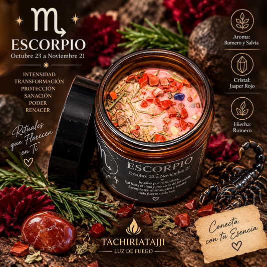 Vela zodiacal Escorpio abierta de 3.10 oz en frasco ámbar con etiqueta artesan
