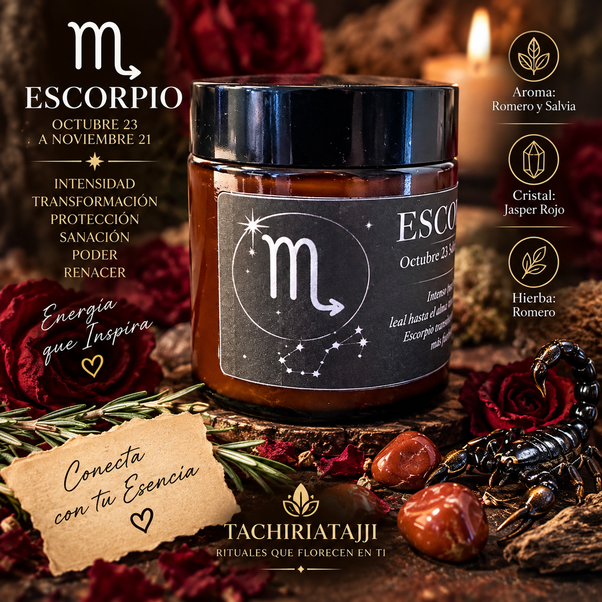 Vela zodiacal Escorpio artesanal en frasco ámbar de 3.10 oz de TachiriaTajji