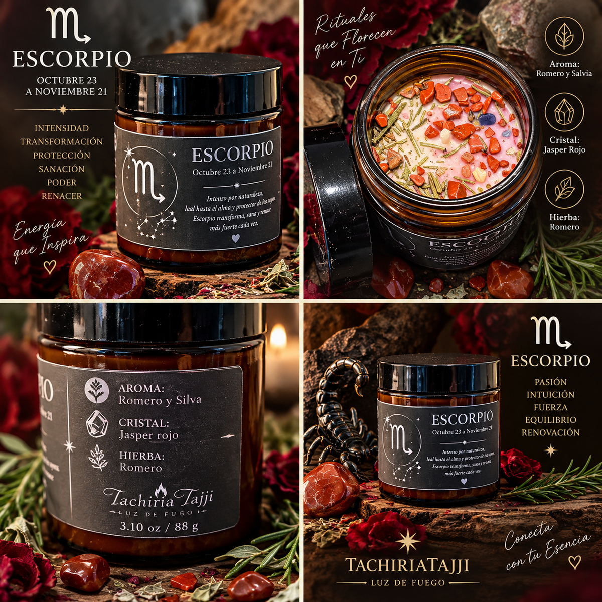 ela zodiacal Escorpio, vela Escorpio, Scorpio candle, vela artesanal, vela con cristales, vela con Jaspe Rojo, vela Romero y Salvia, vela de soja, regalo Escorpio, regalo zodiacal, astrology candle, zodiac candle, crystal candle, handmade candle, TachiriaTajji.