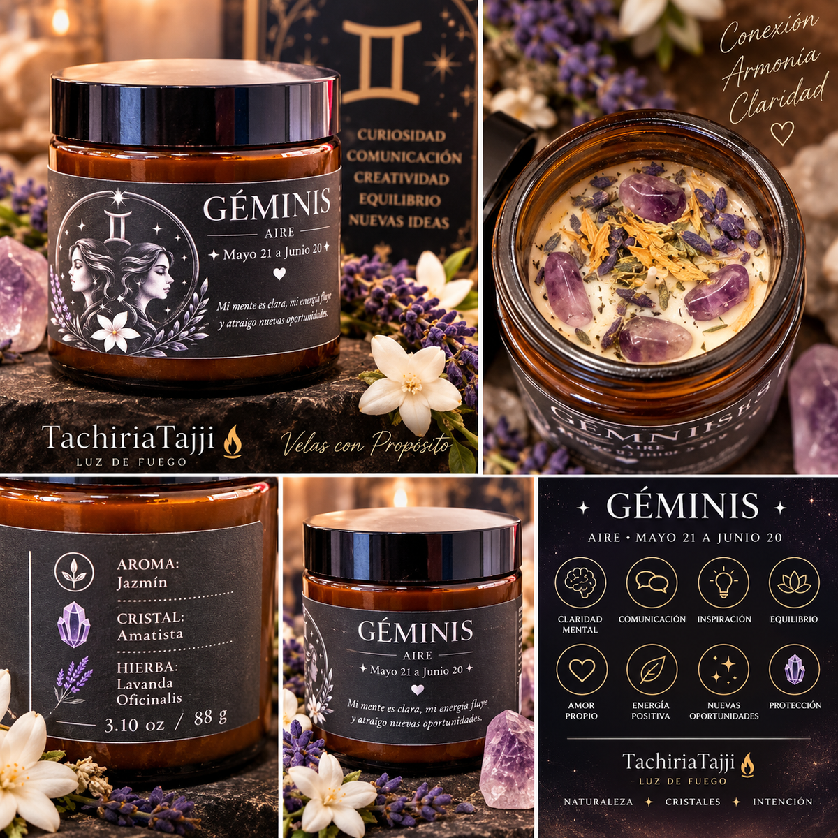 Vela zodiacal Géminis artesanal mostrada en cuatro vistas con jazmín, amatista, lavanda y diseño astrológico.