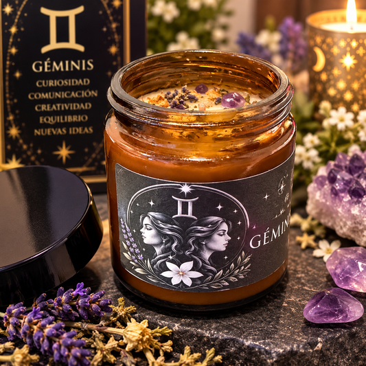 Vela zodiacal Géminis artesanal de 3.10 oz con aroma a jazmín, amatista y lavanda.