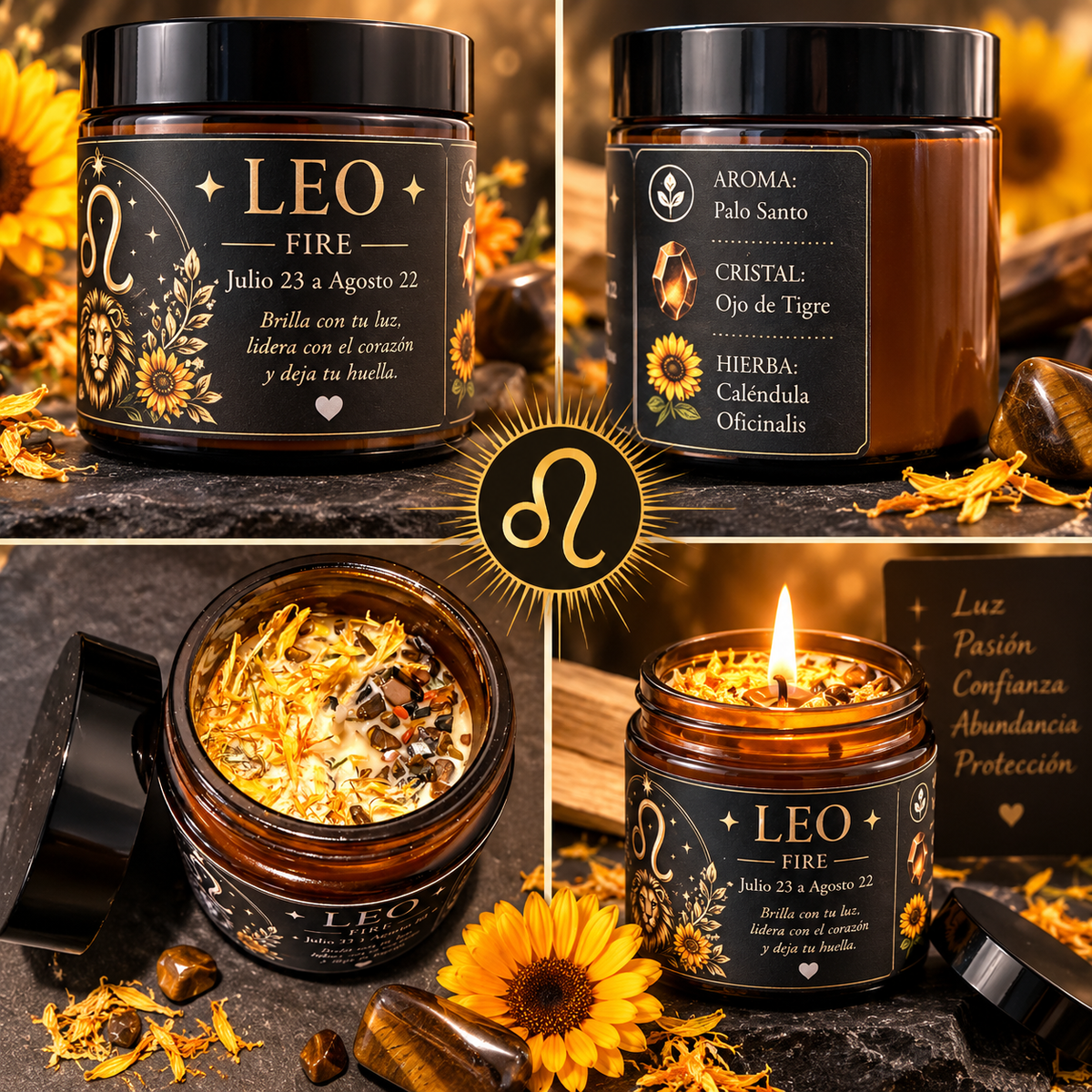 Collage de vela zodiacal Leo con Palo Santo, Ojo de Tigre y caléndula artesanal