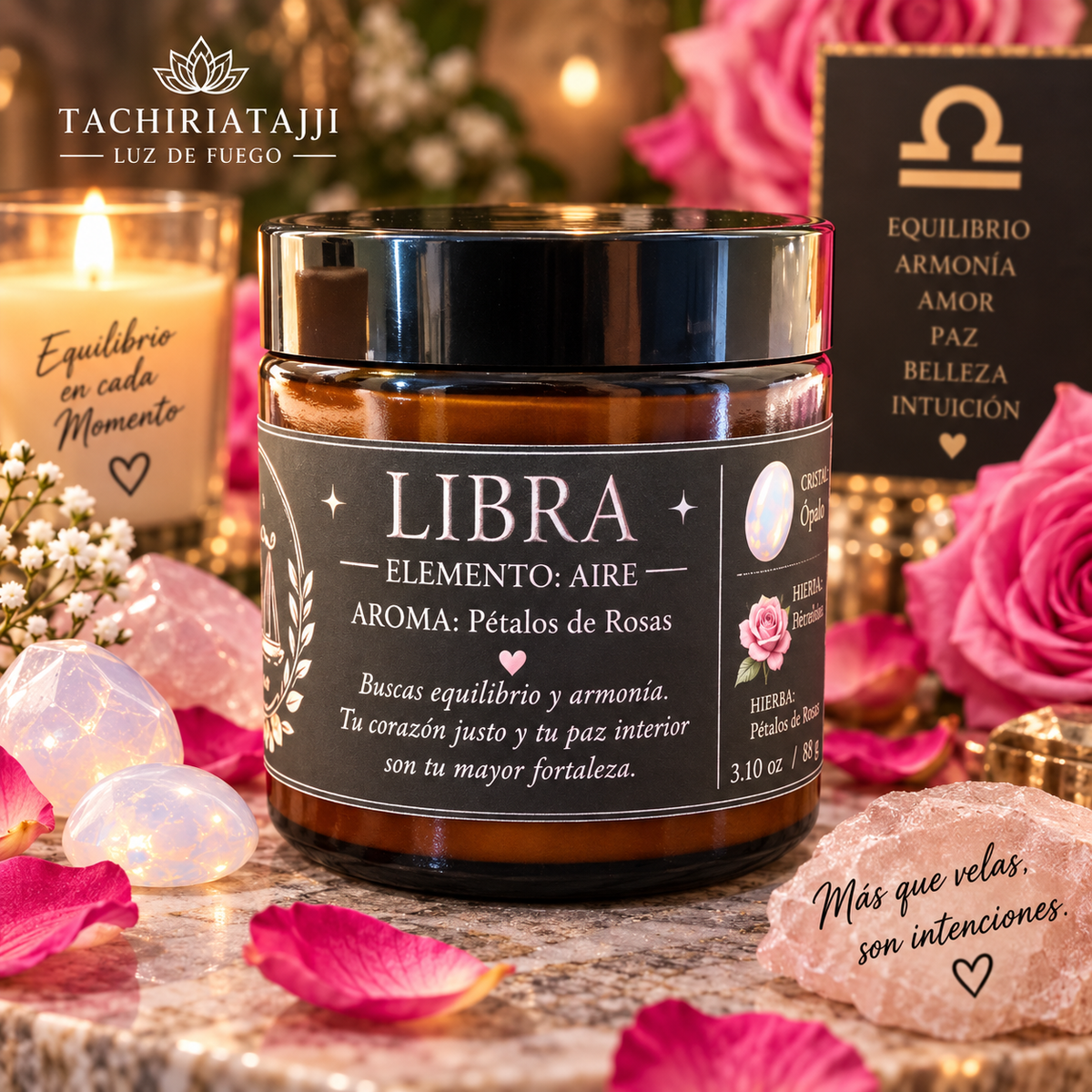 Vela zodiacal Libra artesanal con aroma a pétalos de rosas, cristal ópalo y detalles de rosas, TachiriaTajji.