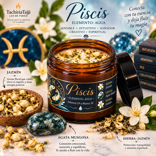 Vela zodiacal Piscis artesanal  con temática del elemento agua.