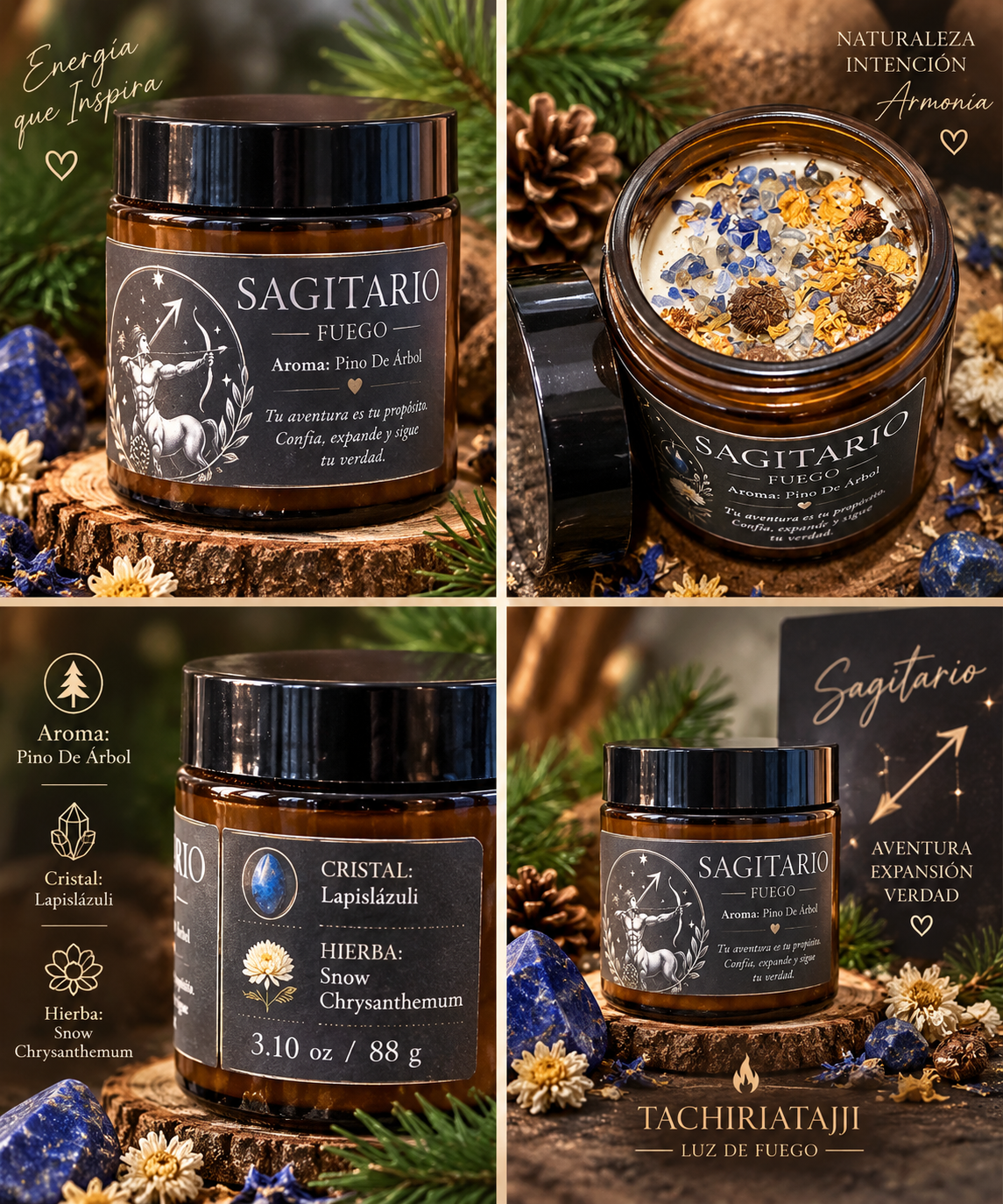 Vela zodiacal Sagitario artesanal con aroma a pino de árbol, cristal lapislázuli y Snow Chrysanthemum, TachiriaTajji.