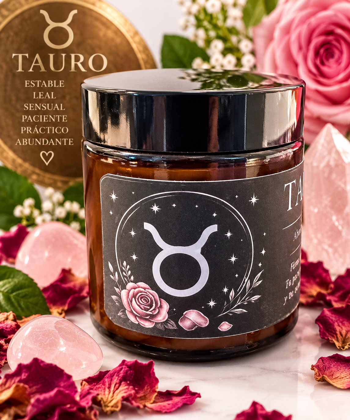 Vela zodiacal Tauro artesanal con símbolo de Tauro en frasco ámbar, colección zodiacal TachiriaTajji.